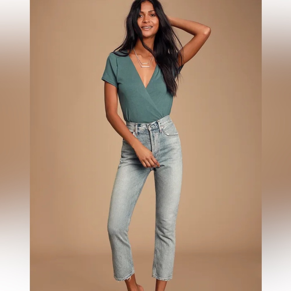 Lulus Marren Slate Blue Short Sleeve Surplice Bodysuit